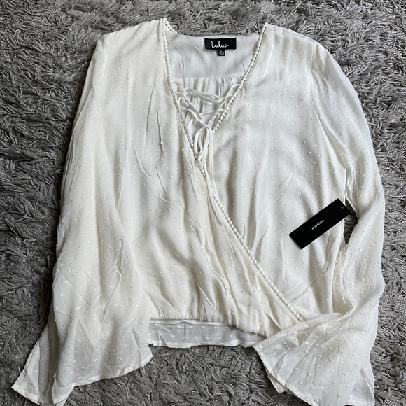 Morningside White Lace-Up Bell Sleeve Surplice Top - Picture 4 of 14